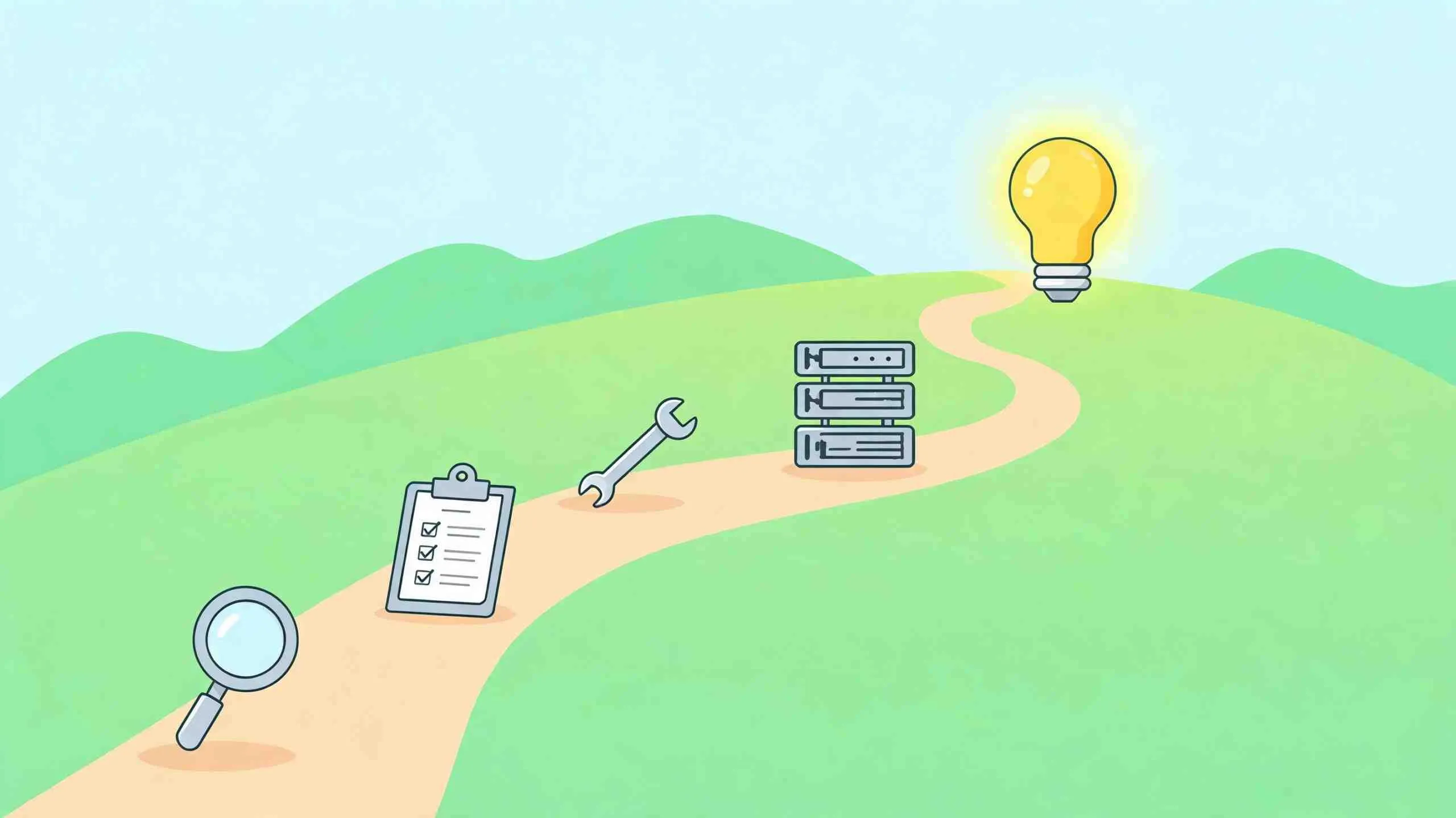 Een illustratie van een pad met iconen die de stappen naar een technische seo analyse weergeven.