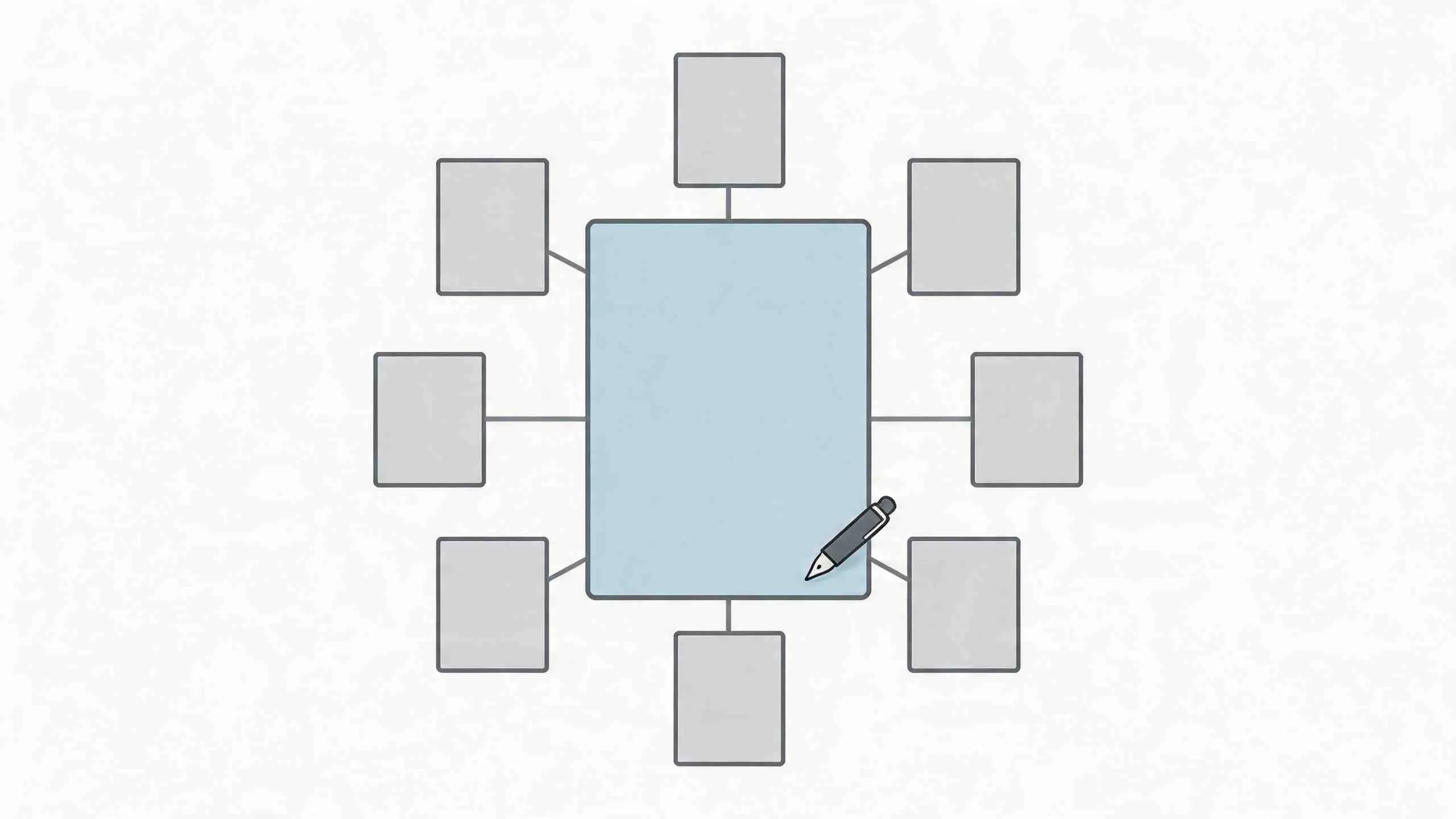 Een conceptueel diagram met een centraal blauw vlak verbonden met acht grijze vakken voor ideeën of informatie.