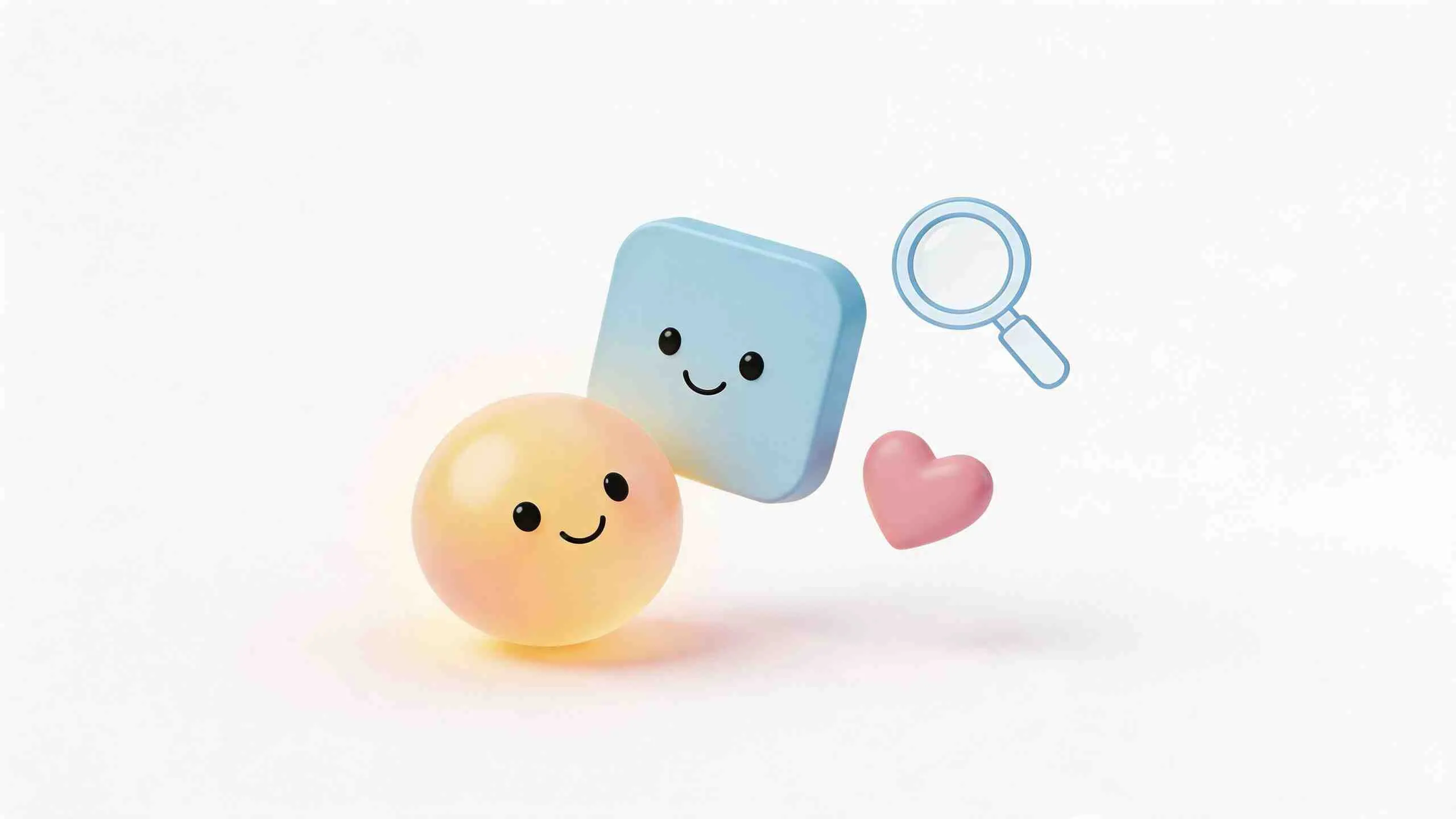 Een schattig 3D-ontwerp met een gele bol, een blauw vierkant, een roze hartje en een vergrootglas.