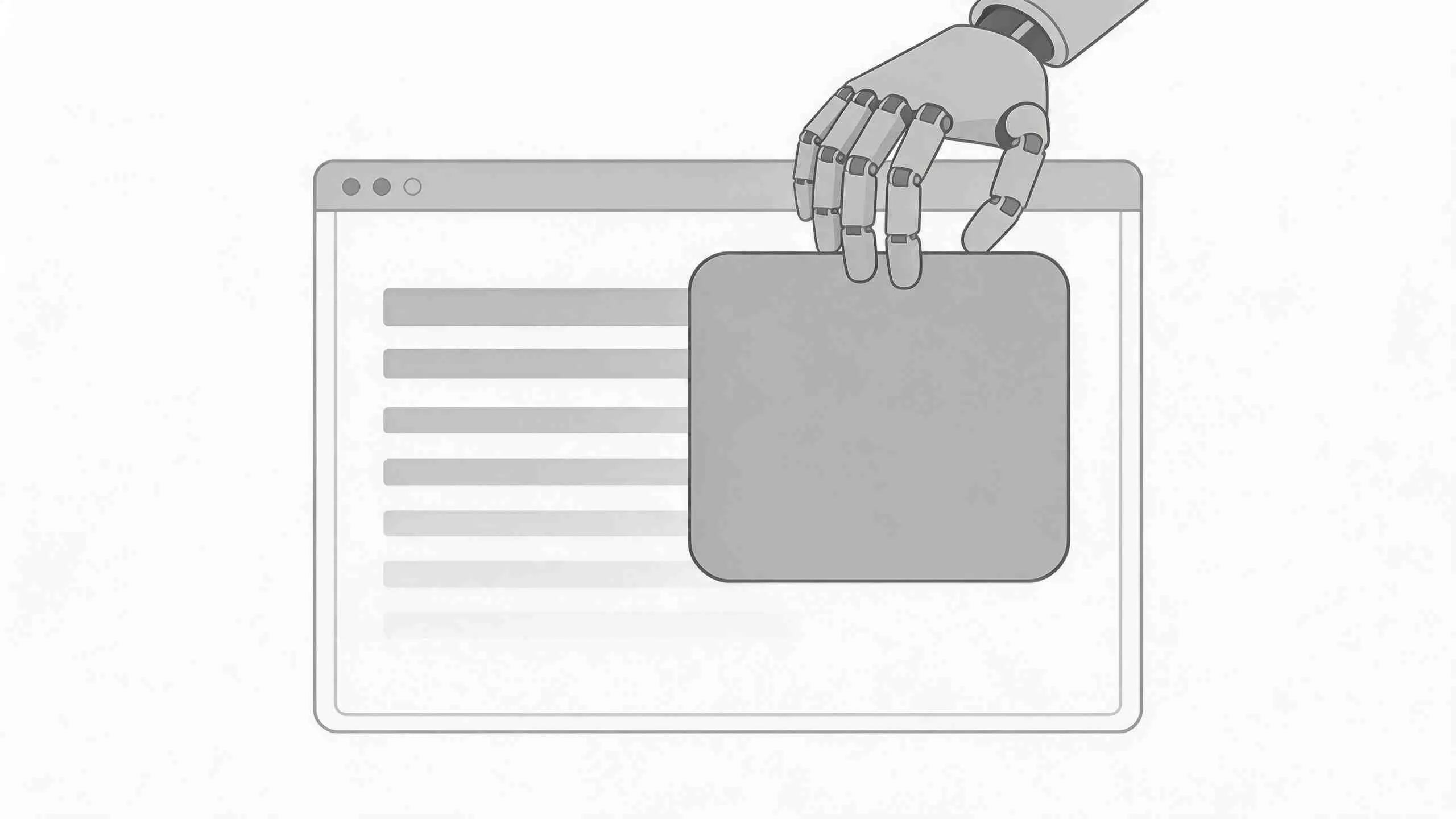 Een illustratie van een robotische hand die een leeg grijs kader plaatst over een digitaal venster.