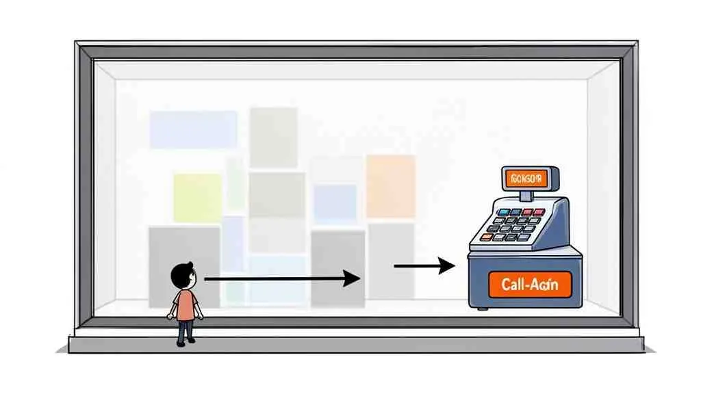 Illustratie van een persoon die naar webcontent kijkt, met pijlen die naar een call-to-action kassa leiden.
