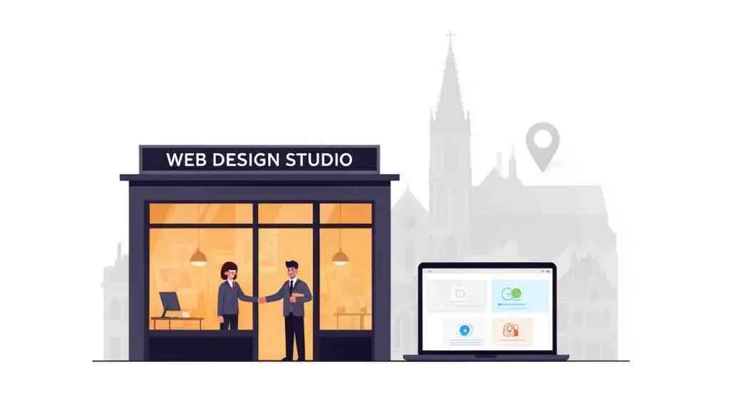 Een webdesign studio in Utrecht met twee mensen die handen schudden en een laptop met projecten.