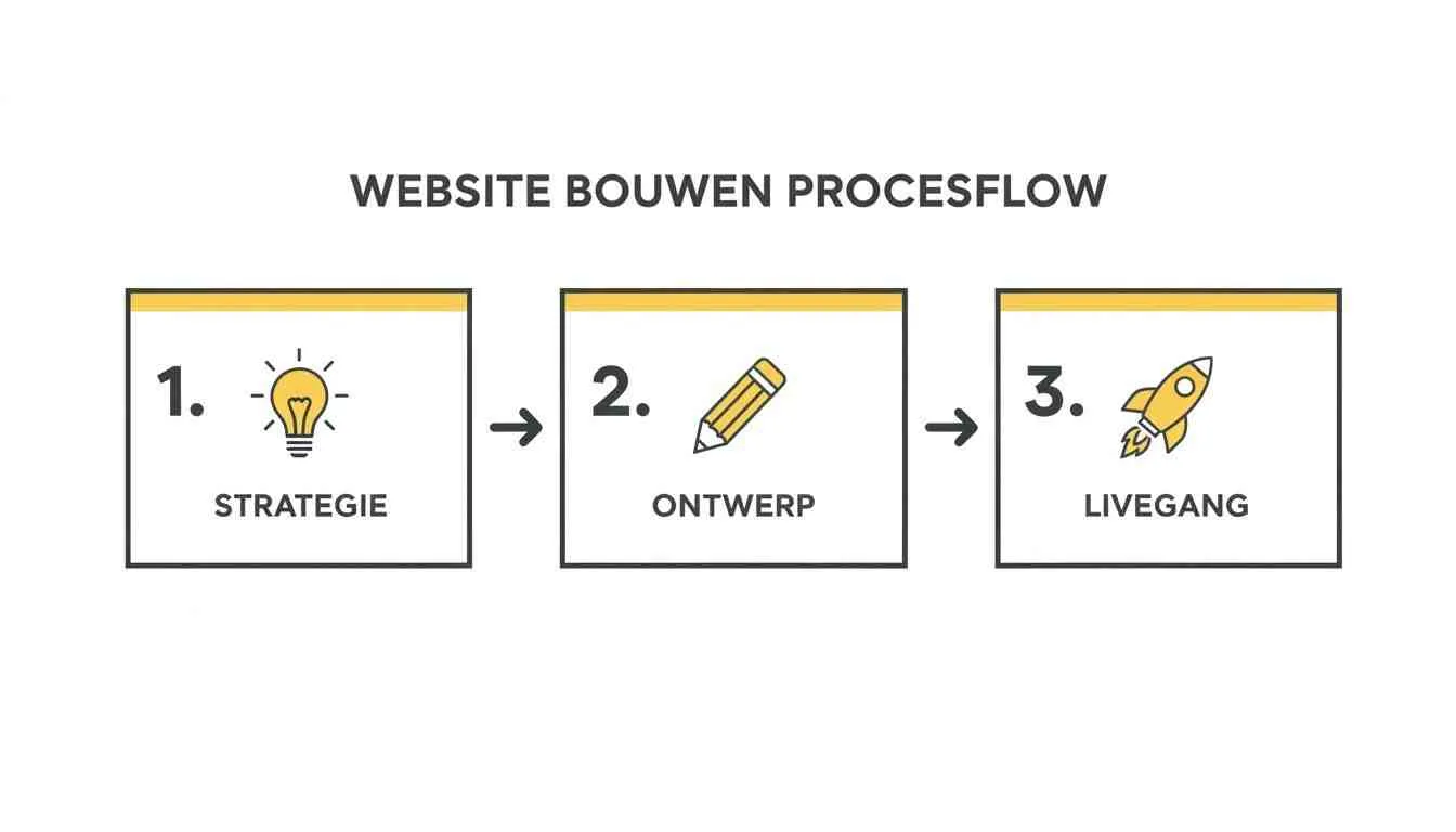 Processchema voor websitebouw, met stappen strategie (lamp), ontwerp (potlood) en livegang (raket).