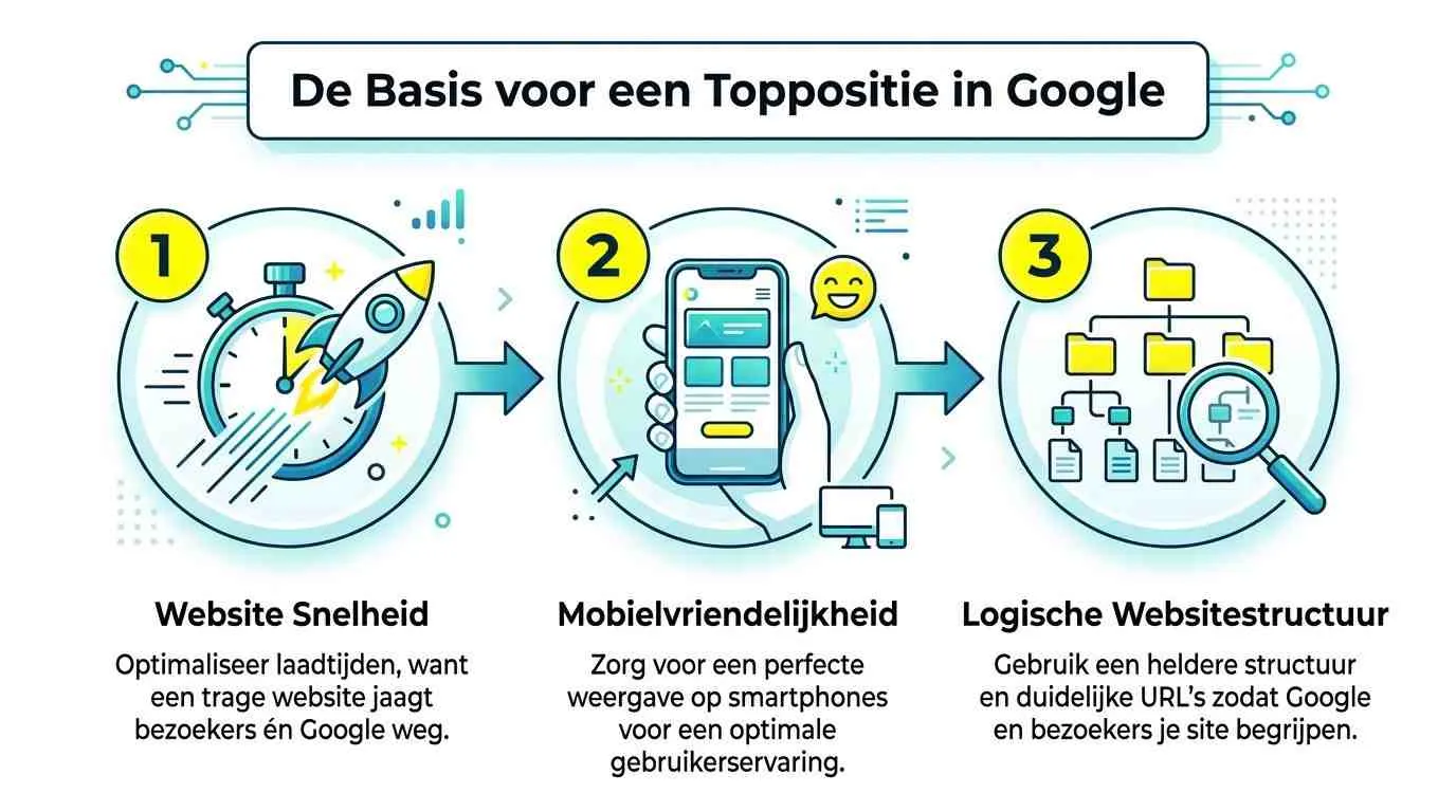 Een infographic met drie stappen voor een toppositie in Google: websitesnelheid, mobielvriendelijkheid en logische websitestructuur.