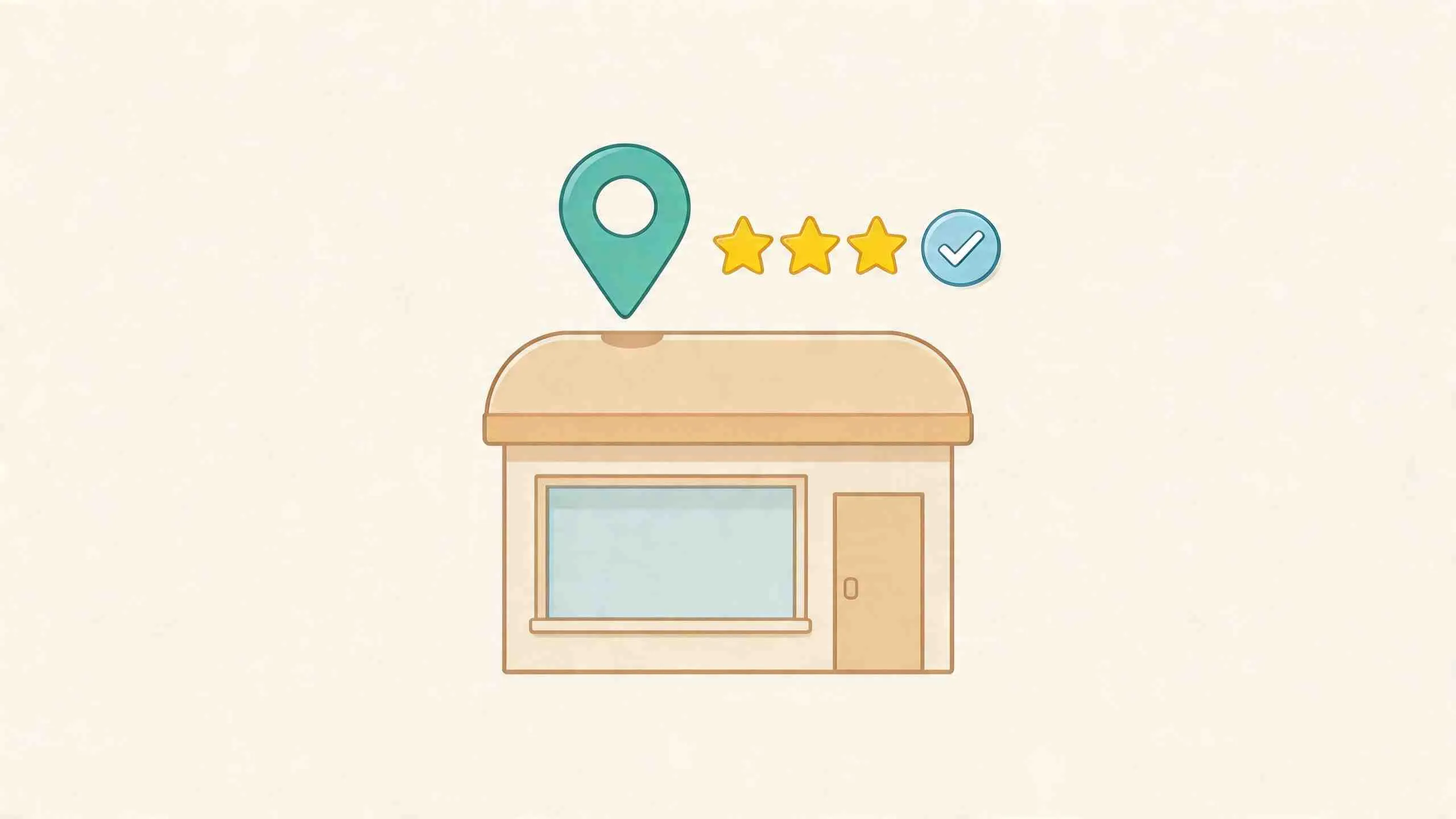 Een icoon van een winkel met een locatie-pin, drie sterren en een vinkje voor zakelijke vindbaarheid.