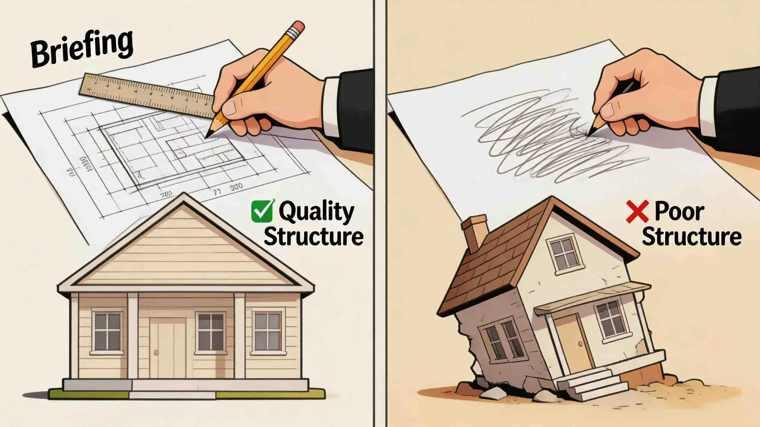 Een vergelijking van een goed gestructureerd bouwplan tegenover een slordig ontwerp en een instabiel huis.