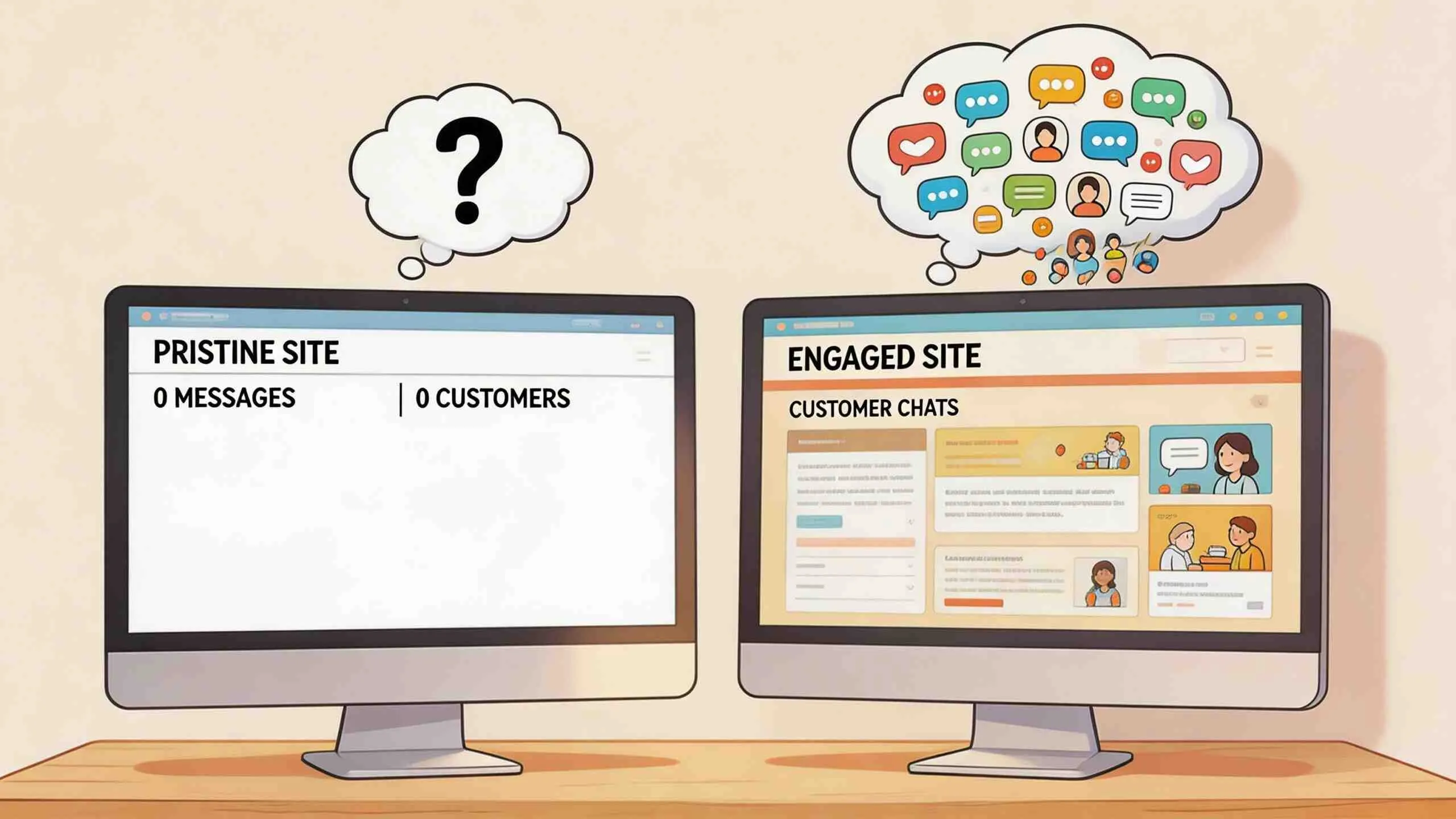 Een vergelijking tussen een lege website en een actieve website met veel klantcontact en interactieve communicatie.