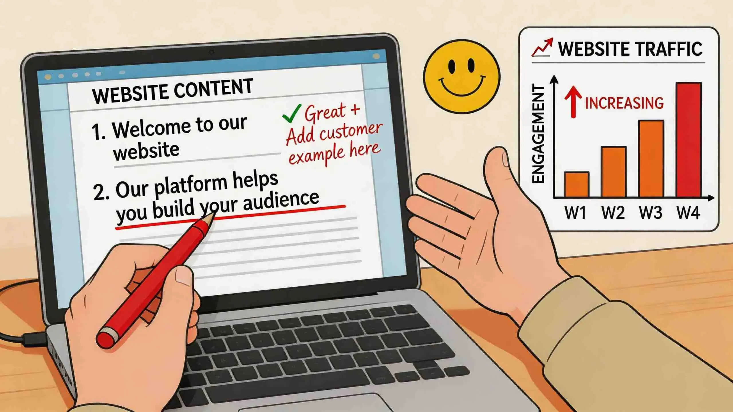 Een persoon die op een laptop tekst bewerkt om de betrokkenheid op een website te vergroten.