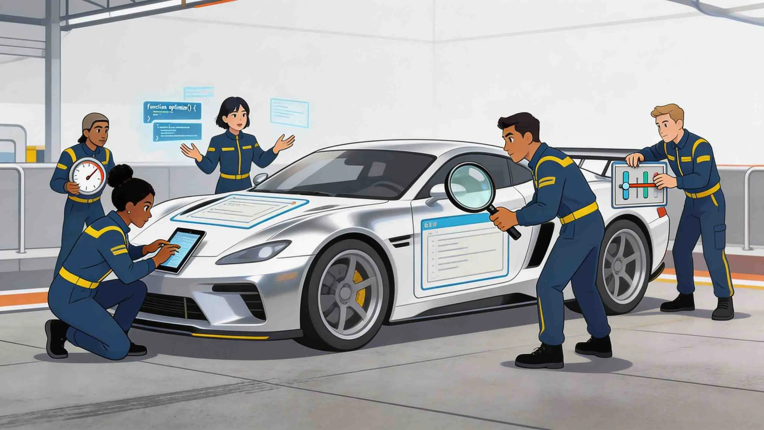 Een divers team van ingenieurs voert een digitale technische optimalisatie uit op een zilverkleurige sportauto in een werkplaats.