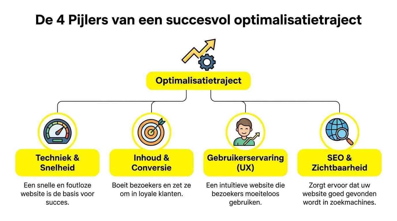 Een overzicht van de vier pijlers voor een succesvol optimalisatietraject voor websites, inclusief techniek, inhoud, gebruikerservaring en SEO.