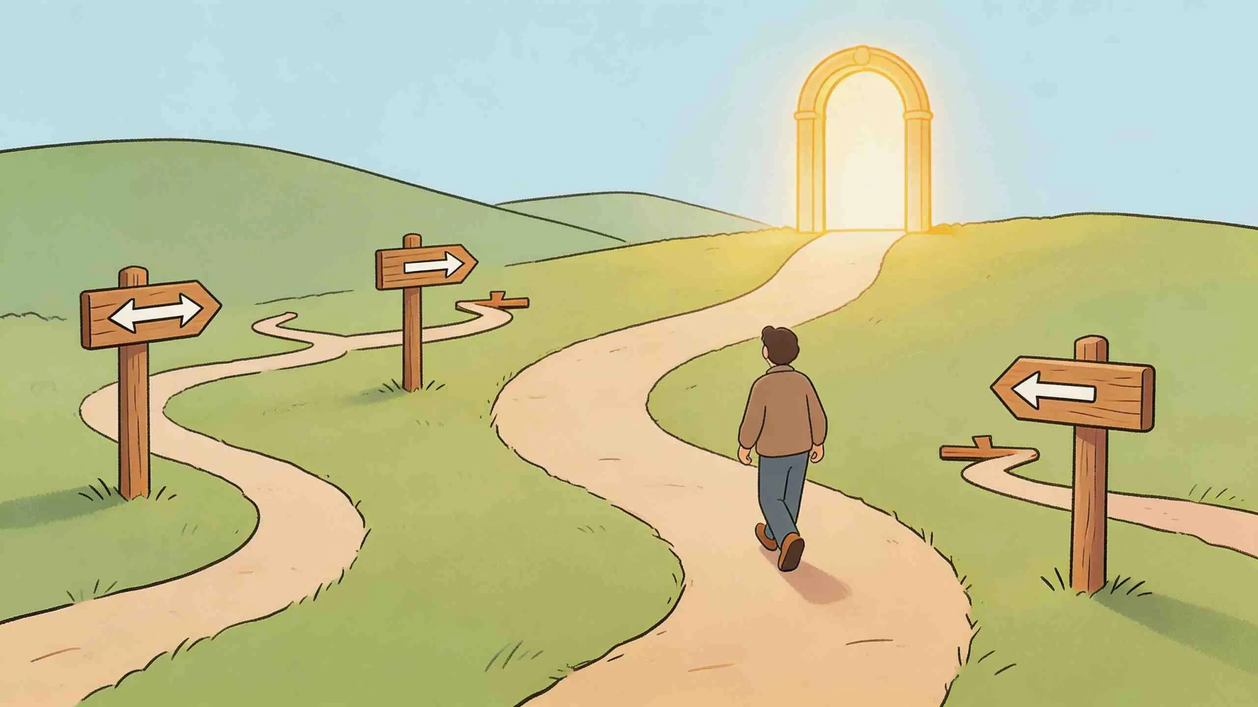 Een man wandelt op een zandpad richting een stralende poort met diverse houten wegwijzers op de achtergrond.