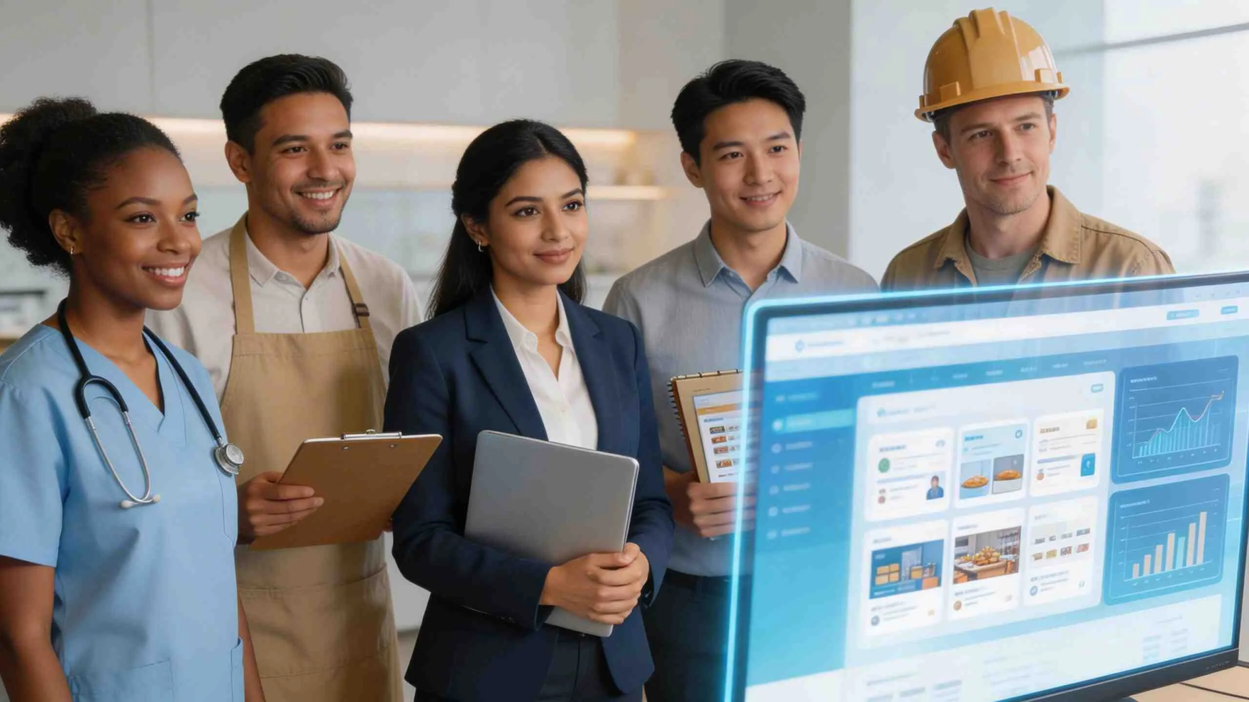 Een divers team van professionals kijkt samen naar een innovatief digitaal dashboard op een computerscherm.