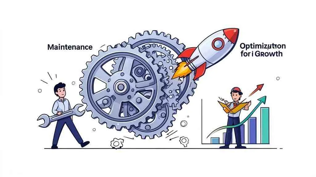 Een illustratie van onderhoud aan tandwielen en een raket die groei en optimalisatie voor websites symboliseert.