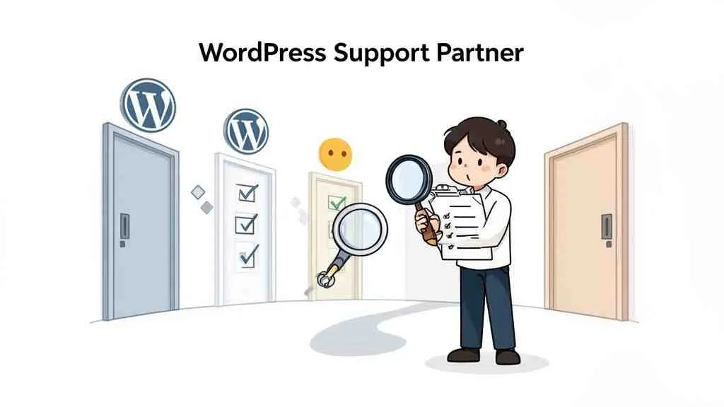 Een man met een vergrootglas onderzoekt een WordPress website voor ondersteuning bij het beheer en onderhoud.