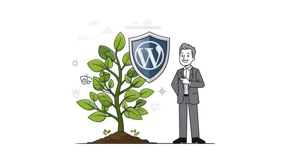 Een zakenman staat naast een beschermde plant met een WordPress-schild, symbool voor veilige groei van websites.