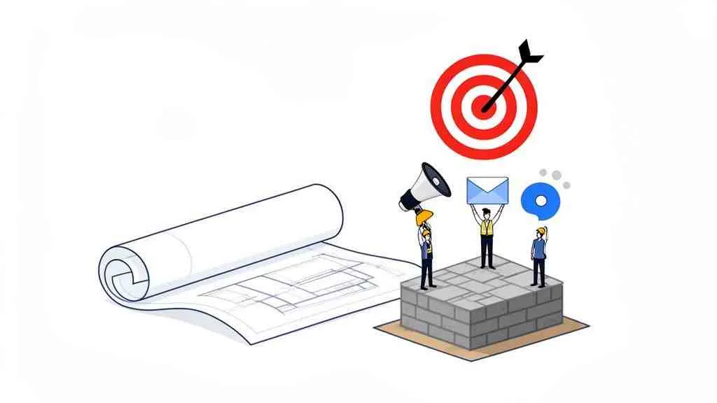 Illustratie met bouwplannen, bouwvakkers, megafoon, envelop en doelwit, symboliseert campagneplanning en uitvoering.