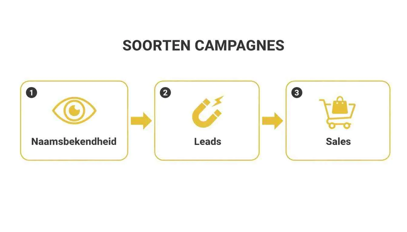 Infographic toont de drie soorten campagnes: van naamsbekendheid via leads naar sales.