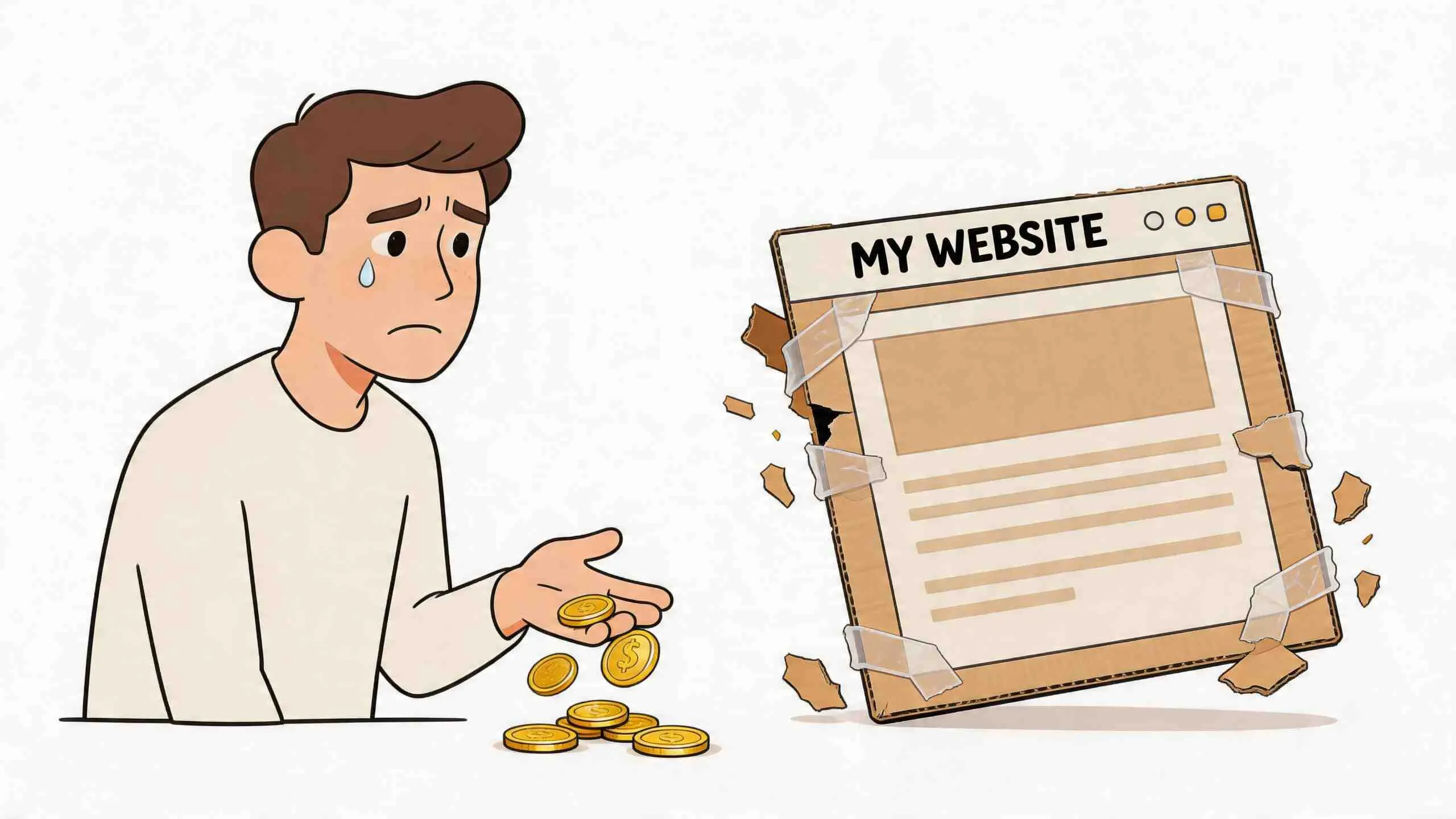 Een verdrietige persoon met munten kijkt naar een kapotte, provisorisch geplakte website van karton.