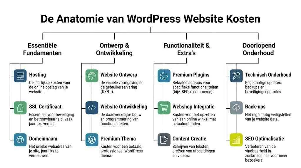 Een overzichtelijk organigram toont de verschillende kostenposten voor het bouwen en onderhouden van een professionele WordPress website.