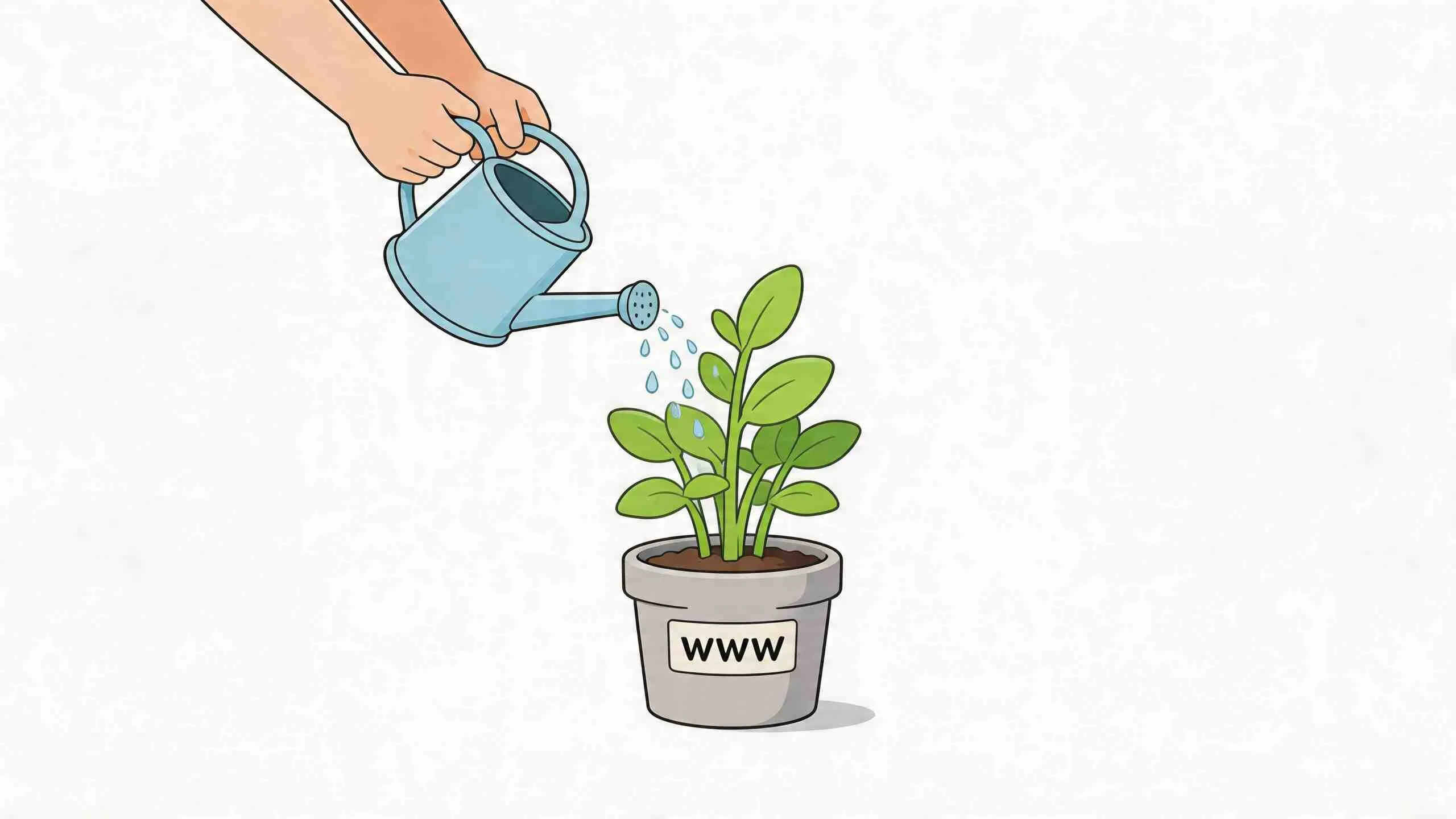 Een illustratie van handen die een plant in een pot met de tekst WWW water geven.