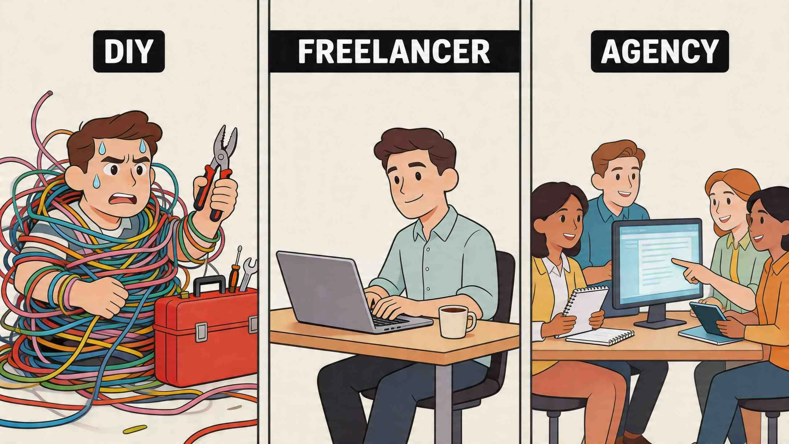 Een vergelijking tussen het zelf bouwen, inhuren van een freelancer of kiezen voor een professioneel bureau.