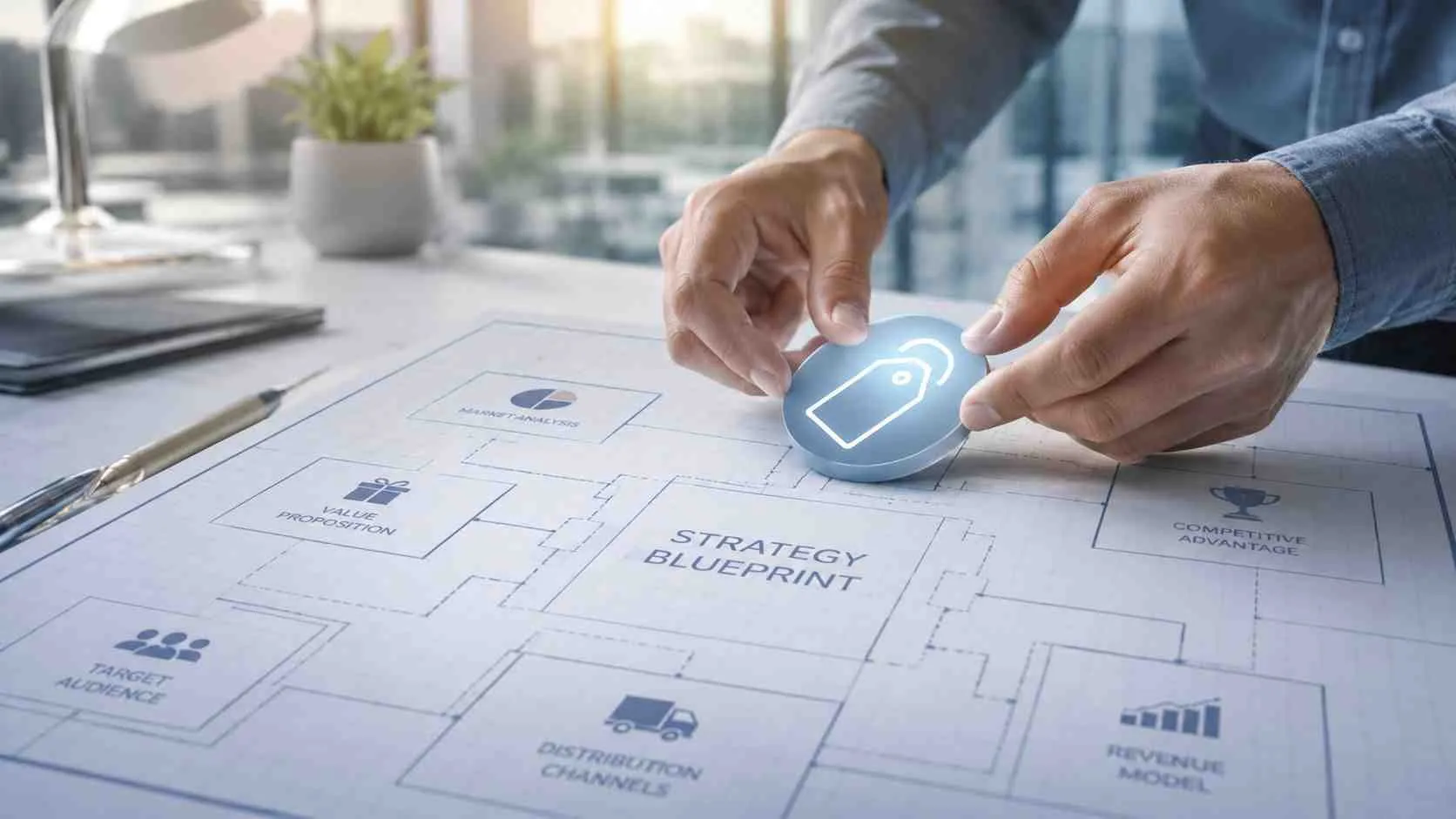 Een ondernemer plaatst een digitaal icoon op een strategisch blauwdrukontwerp voor bedrijfsontwikkeling en marketing.