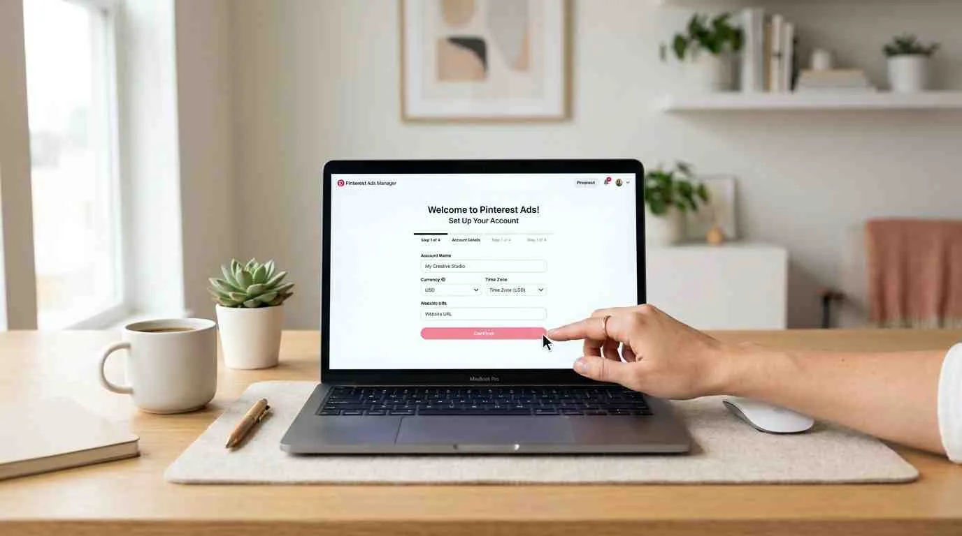 Een hand die klikt op de knop om een Pinterest-advertentieaccount in te stellen op een laptop.