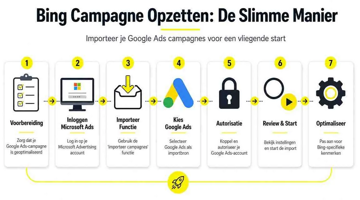 Een stappenplan infographic over het importeren van Google Ads-campagnes naar Microsoft Advertising voor betere resultaten.