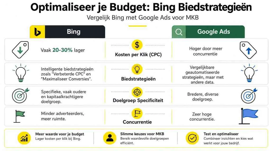 Vergelijkingstabel tussen Bing Ads en Google Ads voor MKB met focus op kosten, strategie en doelgroepen.