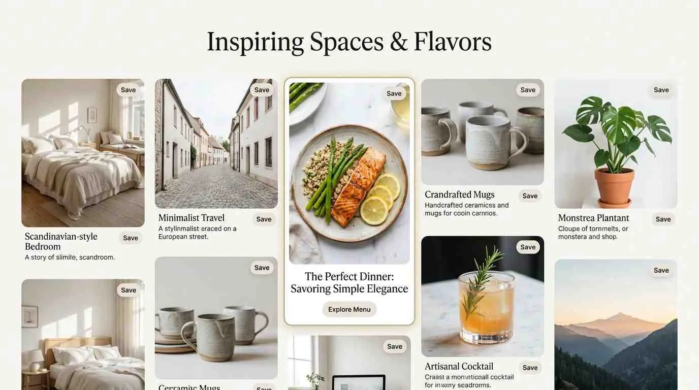 Een overzicht van inspirerende interieurstijlen, culinaire gerechten en esthetische afbeeldingen voor een lifestyle-georiënteerd bord op Pinterest.