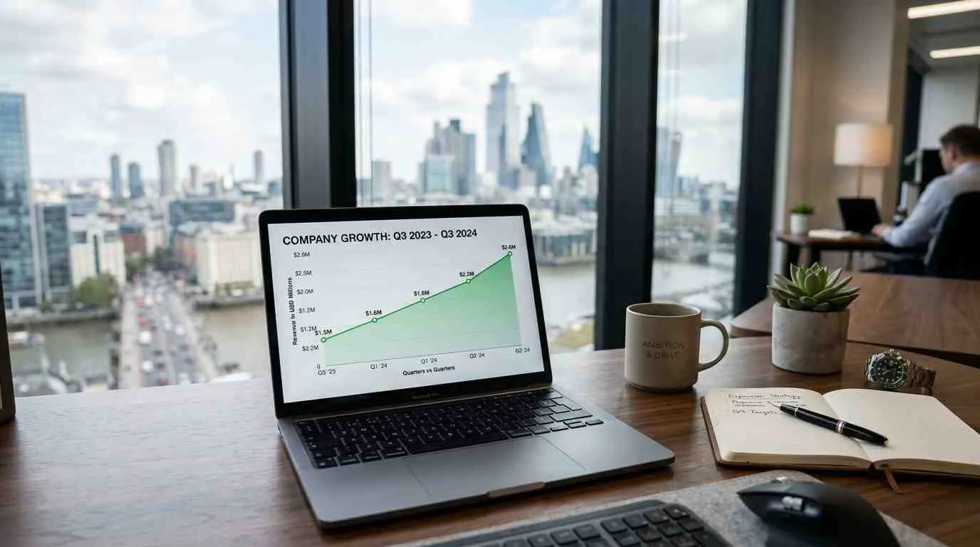 Een laptop op een bureau met een grafiek die de groei van het bedrijf toont in een kantoor.