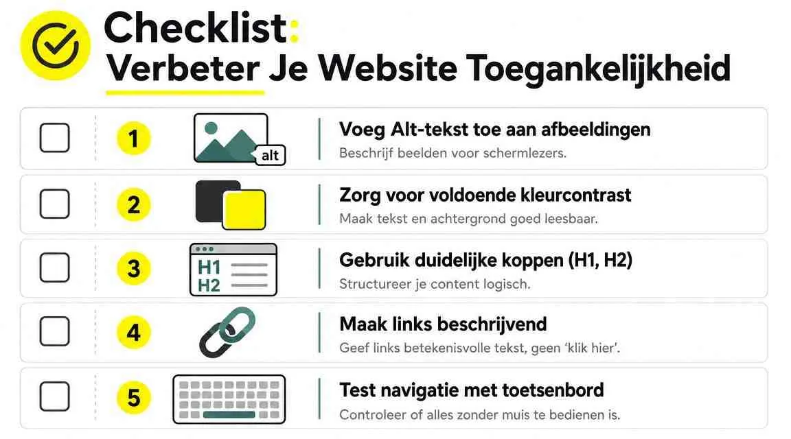 Een checklist met vijf essentiële stappen voor het verbeteren van de digitale toegankelijkheid van je website.