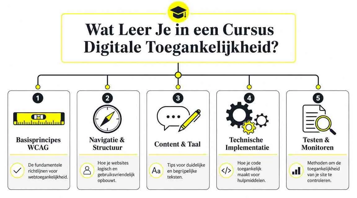 Een overzichtelijk schema over wat je leert in een cursus digitale toegankelijkheid met vijf belangrijke onderwerpen.