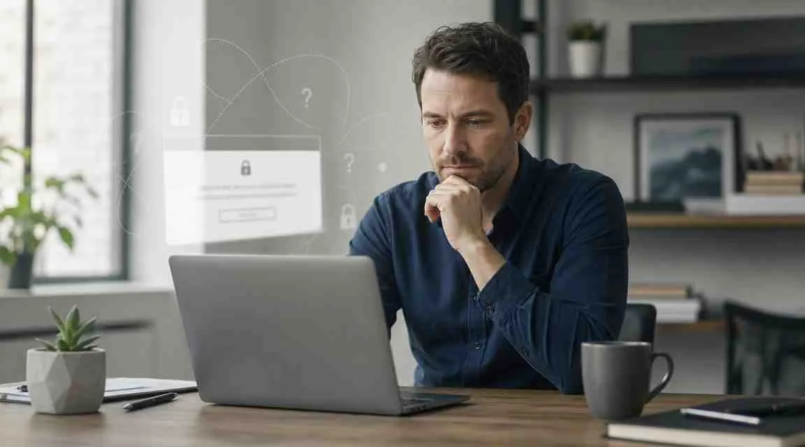 Een geconcentreerde man die achter zijn laptop zit en nadenkt over digitale beveiliging en online toegankelijkheidsproblemen.