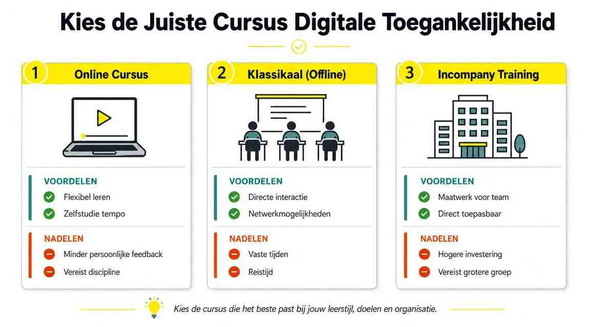 Een infografiek die de drie opties voor cursussen digitale toegankelijkheid vergelijkt met hun voor- en nadelen.
