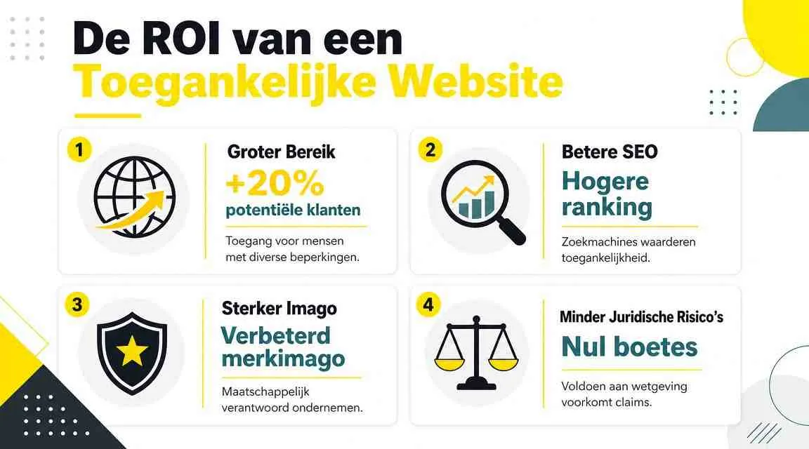 Een infographic die de vier belangrijkste voordelen van een digitaal toegankelijke website toont voor ondernemers.