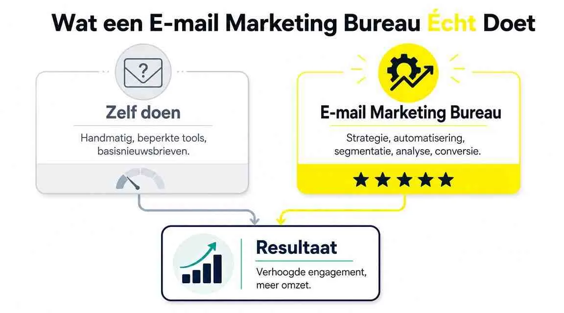 Een infographic die het verschil toont tussen zelf e-mailmarketing doen en samenwerken met een professioneel e-mail marketing bureau.