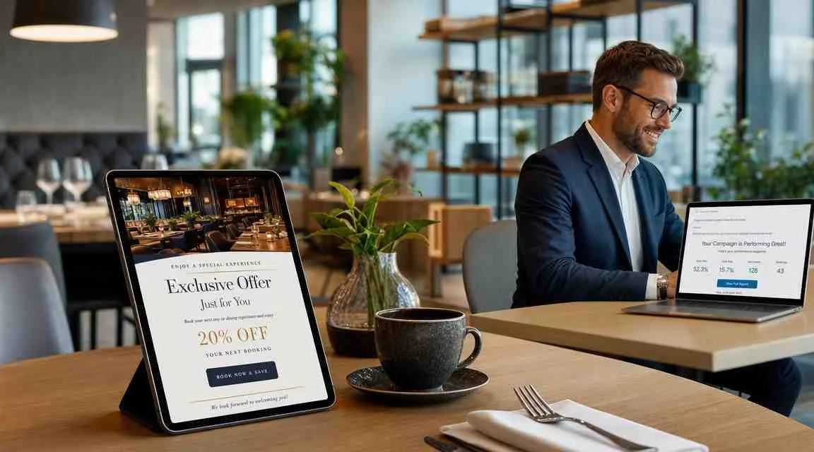 Een man werkt in een restaurant aan een laptop terwijl een tablet een speciale aanbieding toont.