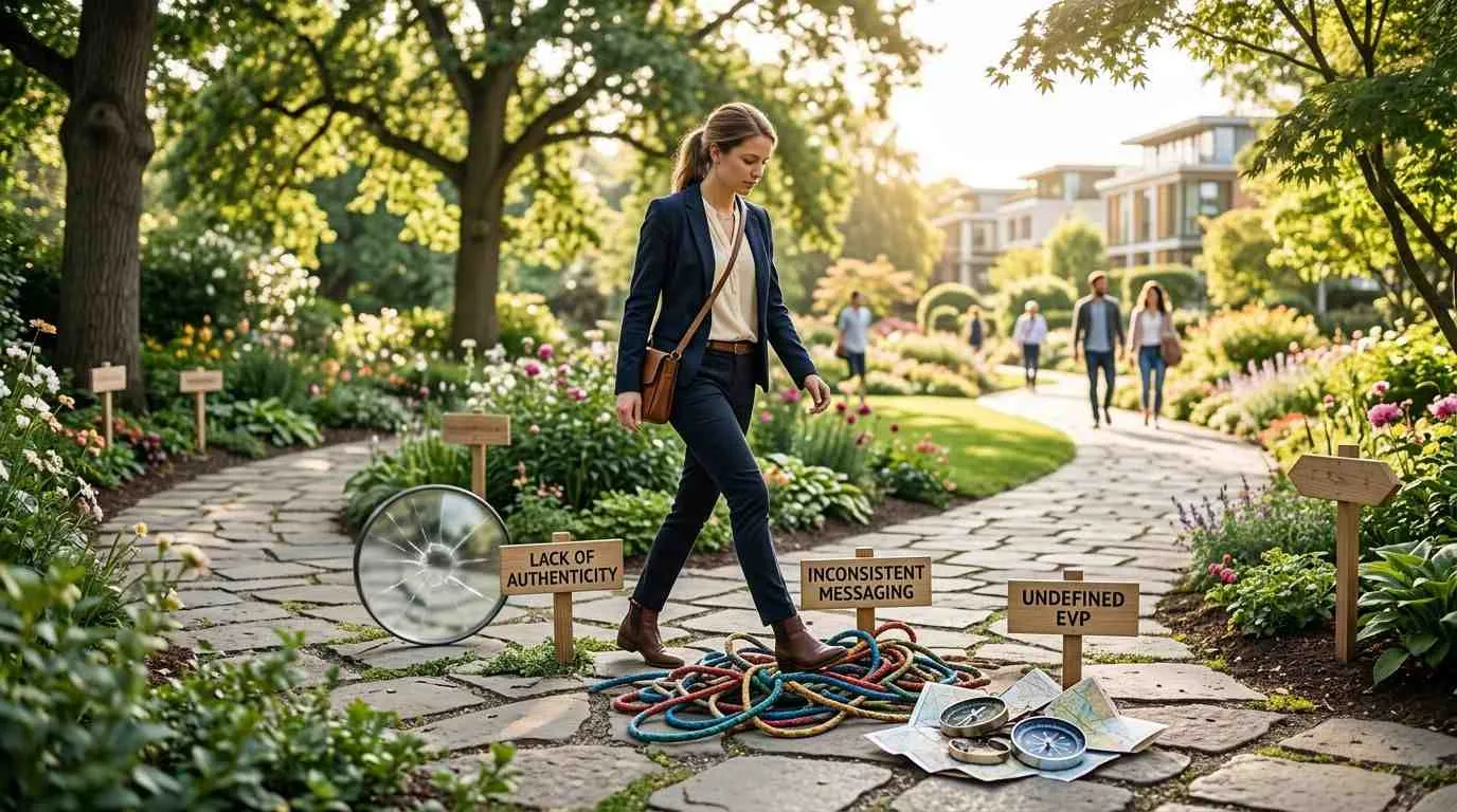 Een zakenvrouw loopt door een tuin vol hindernissen die uitdagingen in employer branding symboliseren op een stenen pad.