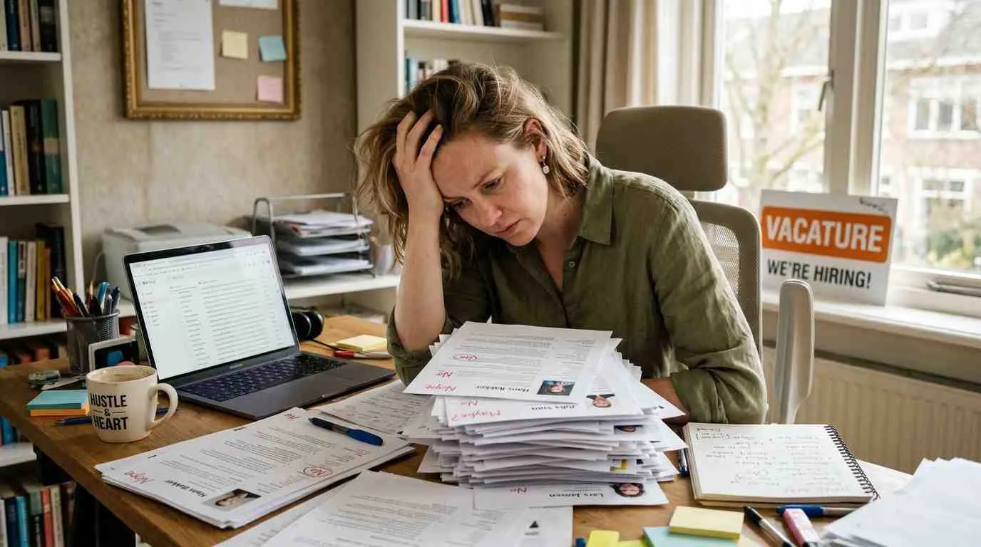 Een overwerkte recruiter aan een bureau vol cv's met 'vacature' bordje op de achtergrond