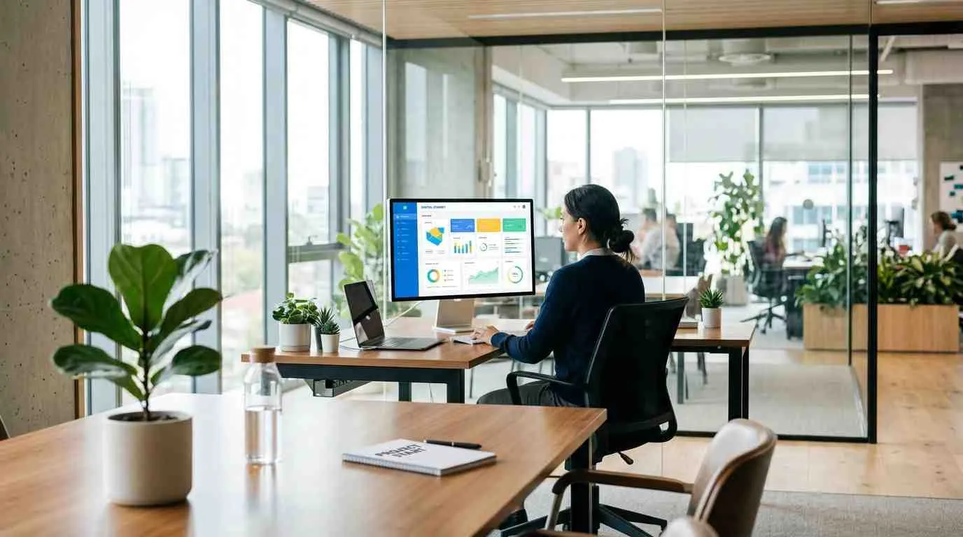 Een zakelijke vrouw die op een computer met grafieken werkt in een modern en open kantoor