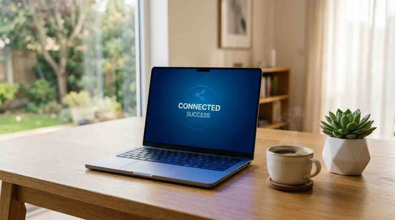 Een laptop op een houten tafel met de tekst 'Connected Success' op het scherm naast een kop koffie.
