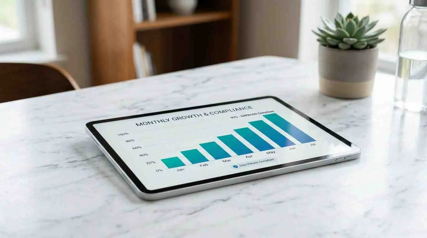 Een tablet op een marmeren tafel toont een staafdiagram over maandelijkse groei en AVG-compliance.