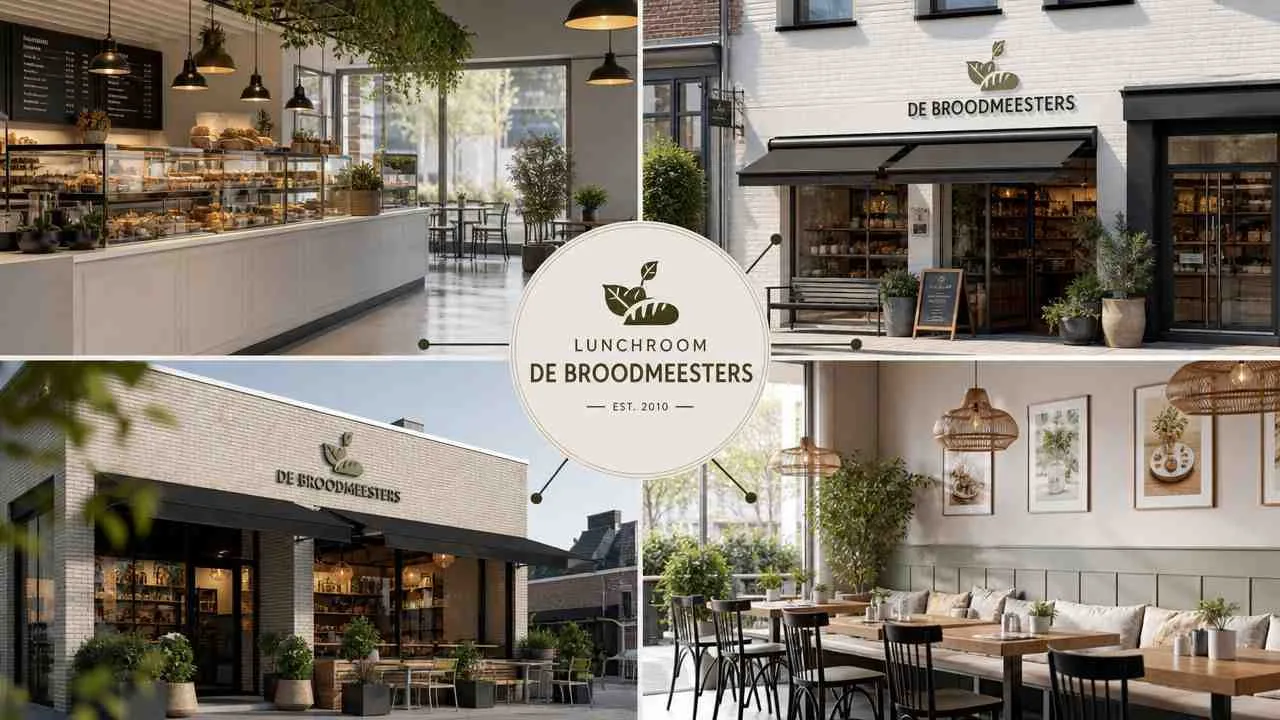Collage van een lunchroom met interieurfoto's en exterieur van de bakkerij De Broodmeesters.
