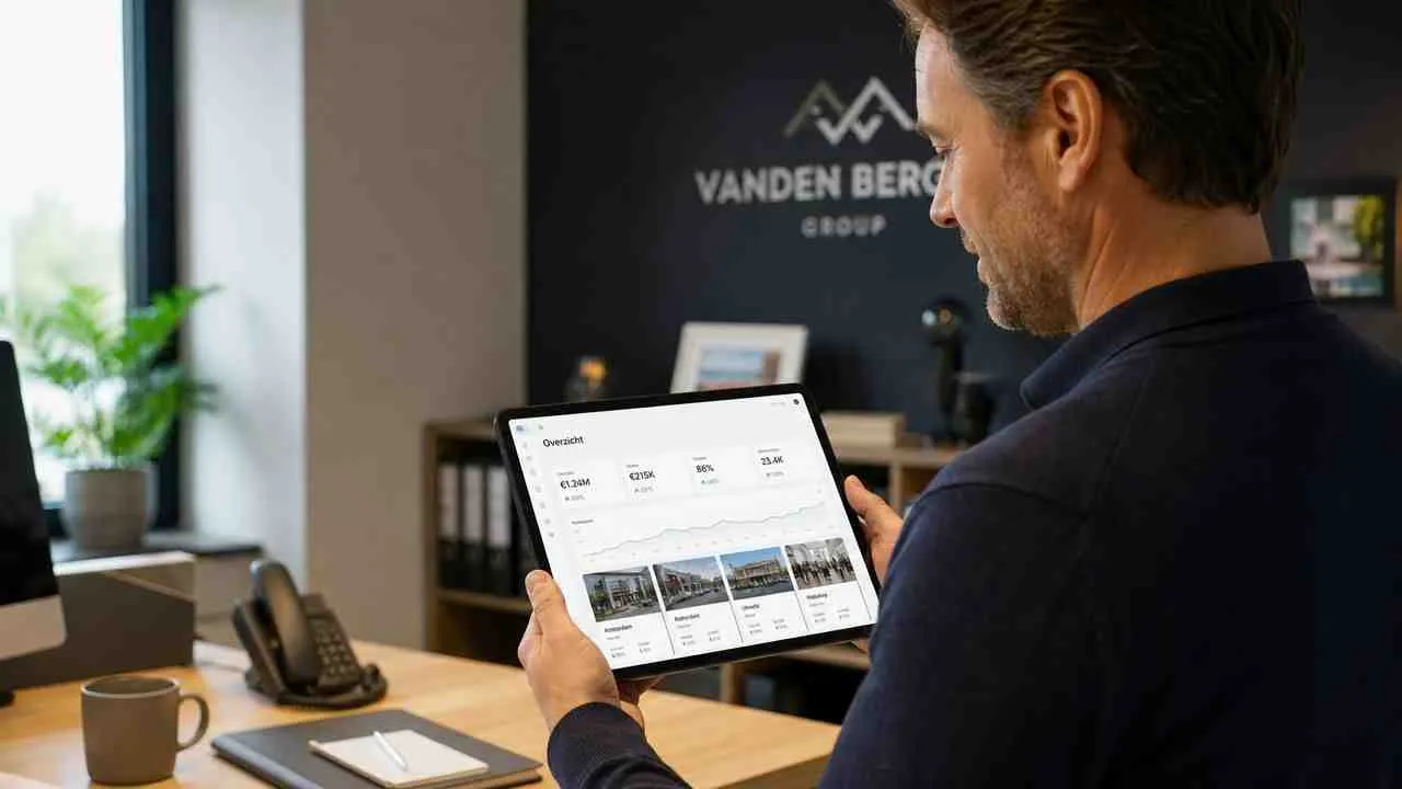 Een man in een kantoor bekijkt een dashboard over vastgoed op zijn tablet voor Vanden Berg Group.