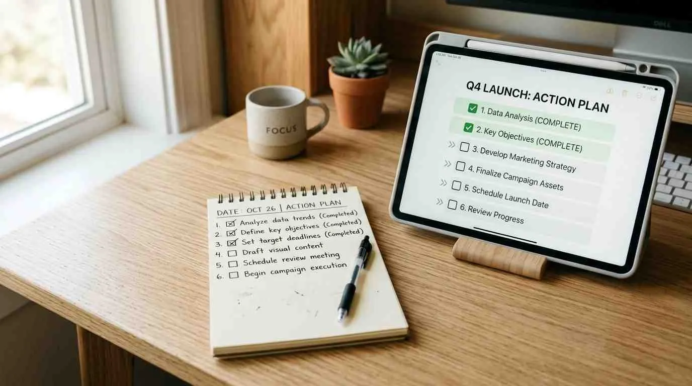 Een werkplek met een notitieblok en tablet met een actieplan voor een marketingstrategie in het vierde kwartaal.