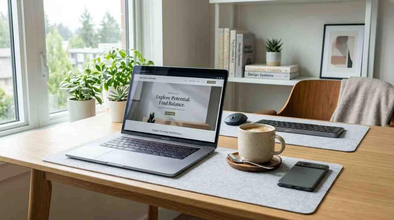 Een moderne, georganiseerde thuiswerkplek met een laptop, een kopje koffie en een telefoon op een houten bureau.