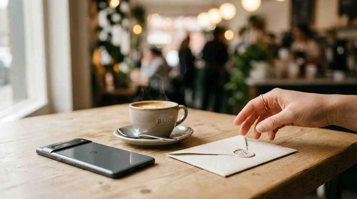 Een kop koffie, een smartphone en een verzegelde envelop op een houten tafel in een gezellig café.