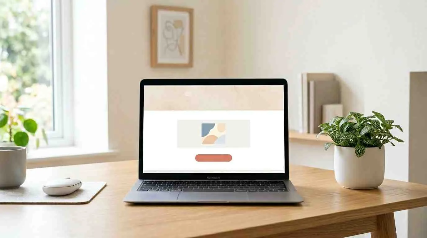 Een geopende MacBook Air op een houten bureau met een plantje en een minimalistisch schermontwerp.