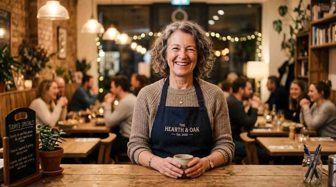Een glimlachende vrouw in een schort staat achter de bar in een gezellig en druk restaurant.